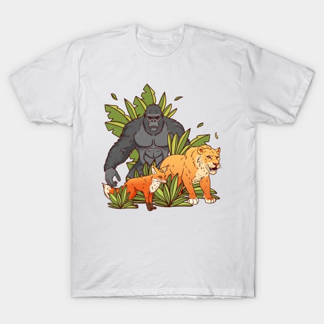 Gorilla Fox Lion Hand Dawn T-Shirt by Mako Design 